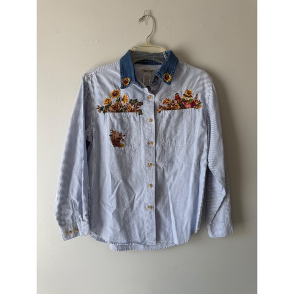 Cabin Creek Tops - Cabin Creek Woman's Small Blue White Striped Sunflower Fall Embroidered Shirt